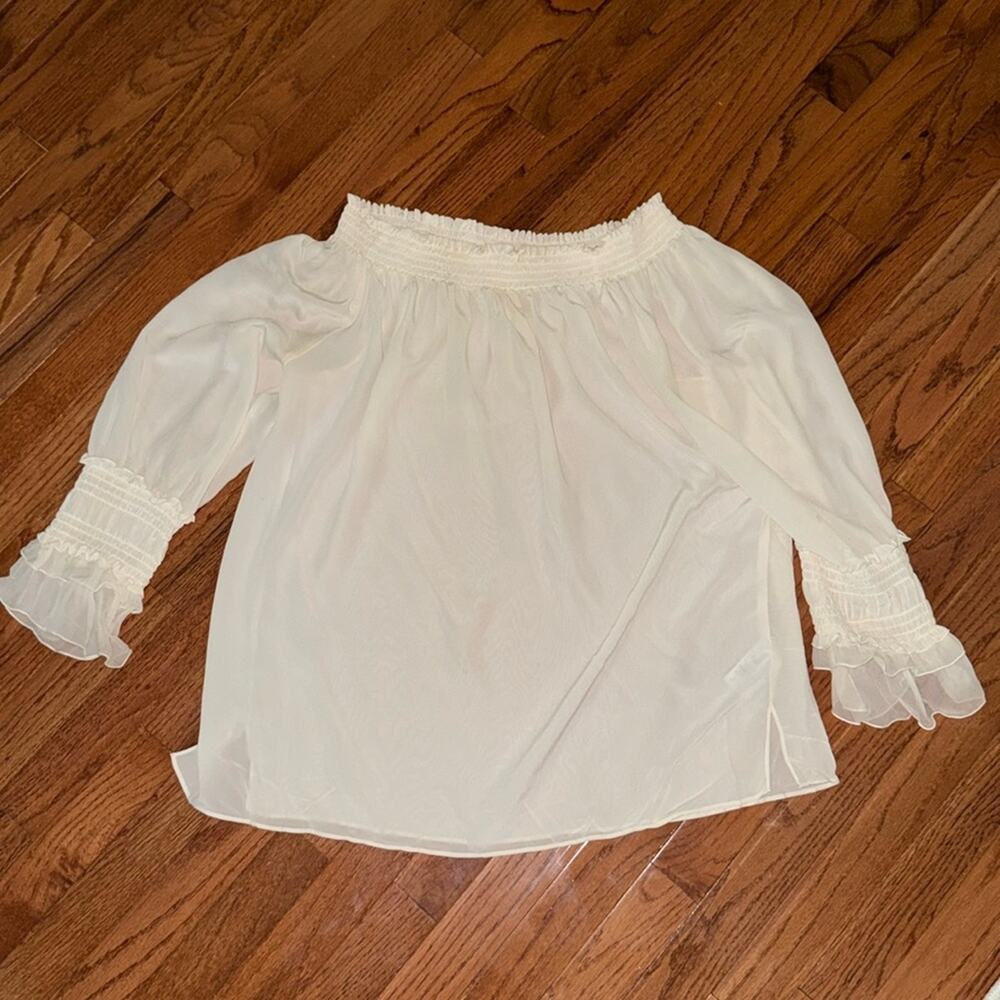 Mika Mindel Lorena Smocked Off Shoulder Silk Ruffle Blouse Ivory Size XL